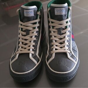 Gucci Tennis 1977 High Top Sneakers Black White Logo Canvas EU 43 Lace Up